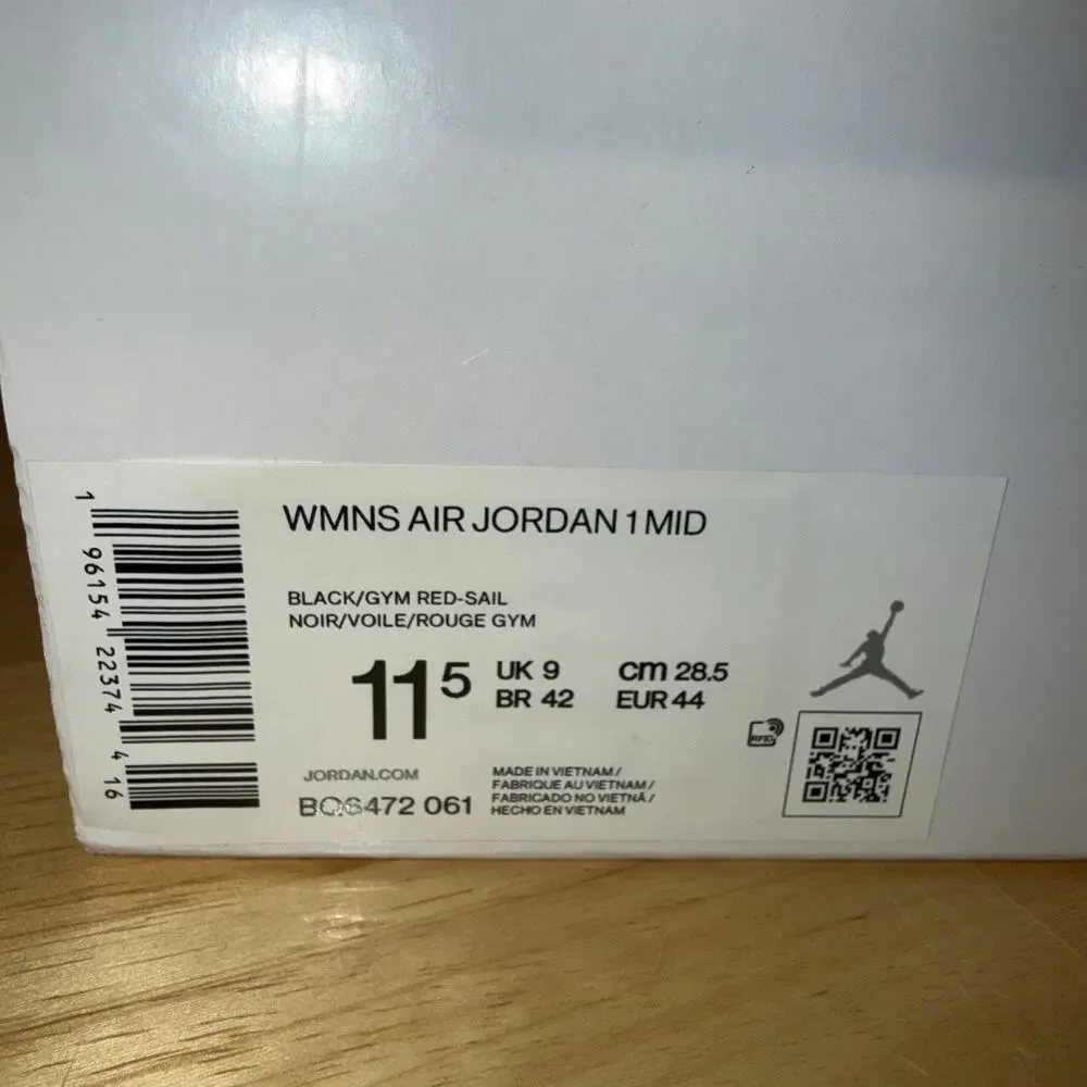 Size 11.5w or 10 Mens- Air Jordan 1 Mid Black Sail Gym Red